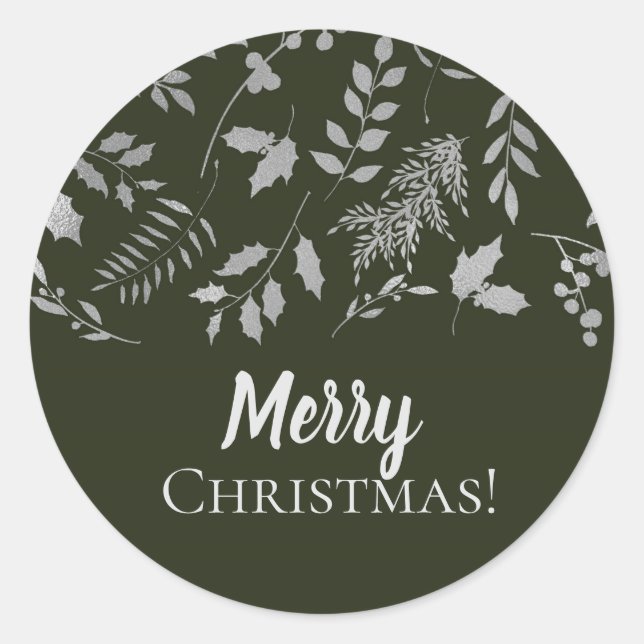 Dark Green & Silver Leaves Botanical Holiday Classic Round Sticker (Front)