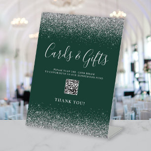 Dark Green Silver Wedding Cards Gifts QR Code Pedestal Sign