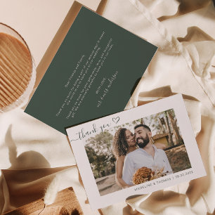 Dark Green Simple Photo Heart Script Wedding Thank You Card