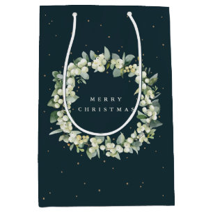 Dark Green Snowberry+Eucalyptus Christmas/Holiday Medium Gift Bag