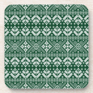 Dark Green Snowflake & Floral Fair Isle Christmas Coaster
