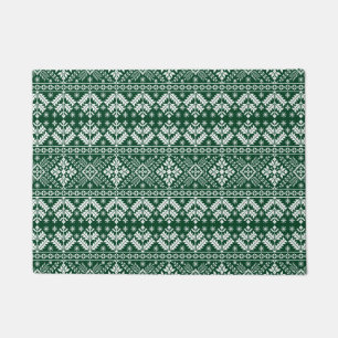 Dark Green Snowflake & Floral Fair Isle Christmas Doormat