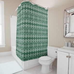 Dark Green Snowflake & Floral Fair Isle Christmas Shower Curtain