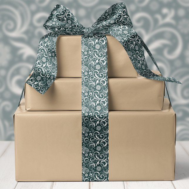 Dark Green Snowflakes and Swirls Christmas Satin Ribbon (Creator Uploaded)