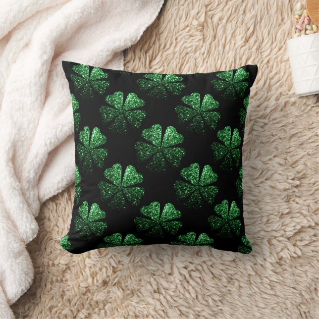 Dark Green sparkly Shamrock pattern on black Cushion (Blanket)