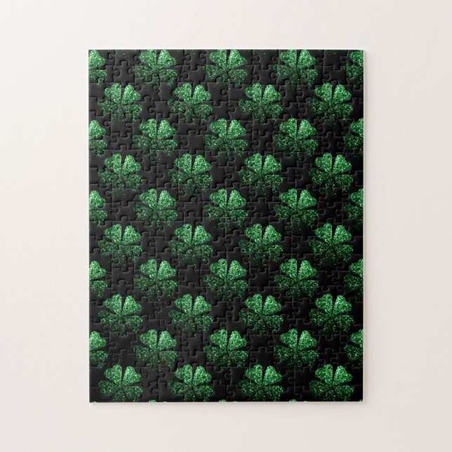 Dark Green sparkly Shamrock pattern on black Jigsaw Puzzle (Vertical)