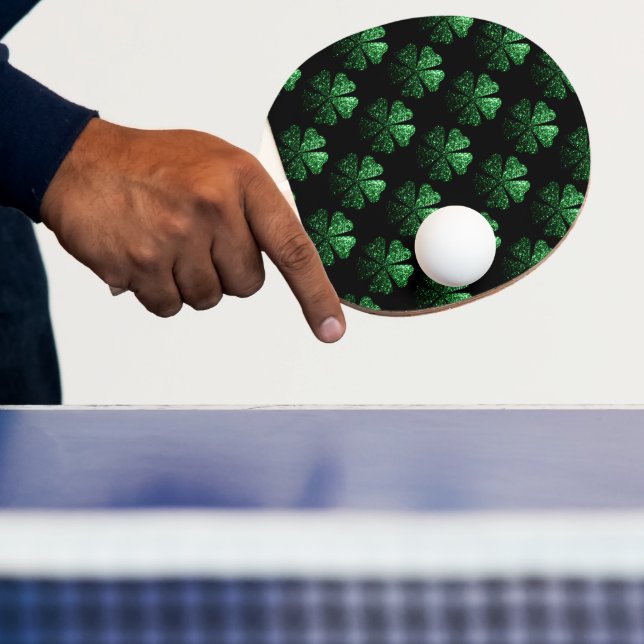 Dark Green sparkly Shamrock pattern on black Ping Pong Paddle (Insitu)