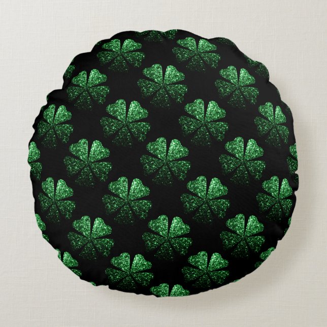 Dark Green sparkly Shamrock pattern on black Round Cushion (Front)