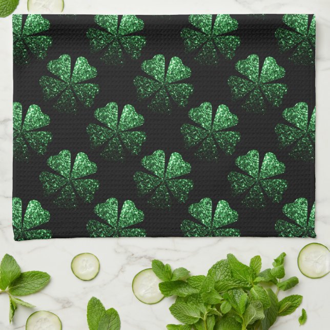 Dark Green sparkly Shamrock pattern on black Tea Towel (Folded)