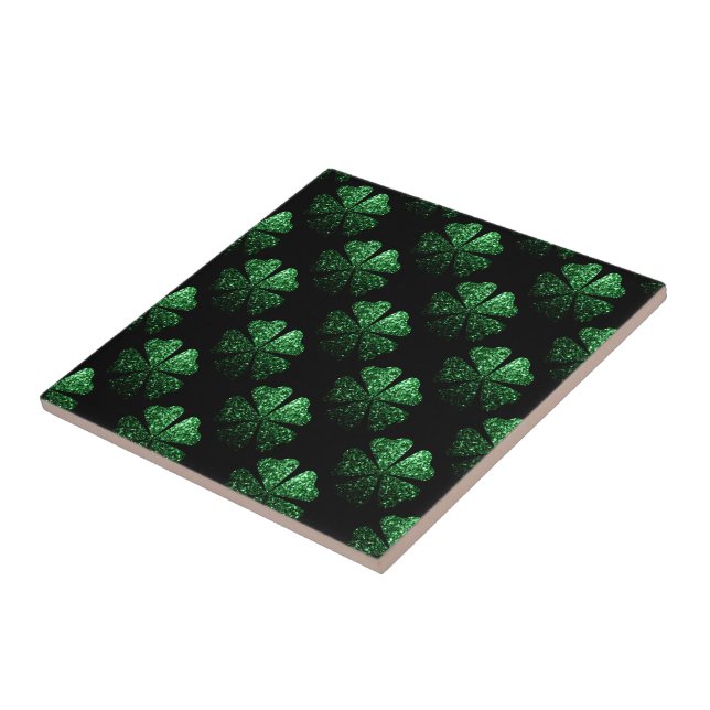 Dark Green sparkly Shamrock pattern on black Tile (Side)