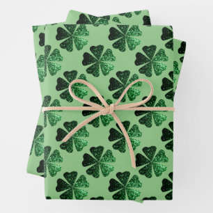 Dark Green sparkly Shamrock pattern on sage green Wrapping Paper Sheet