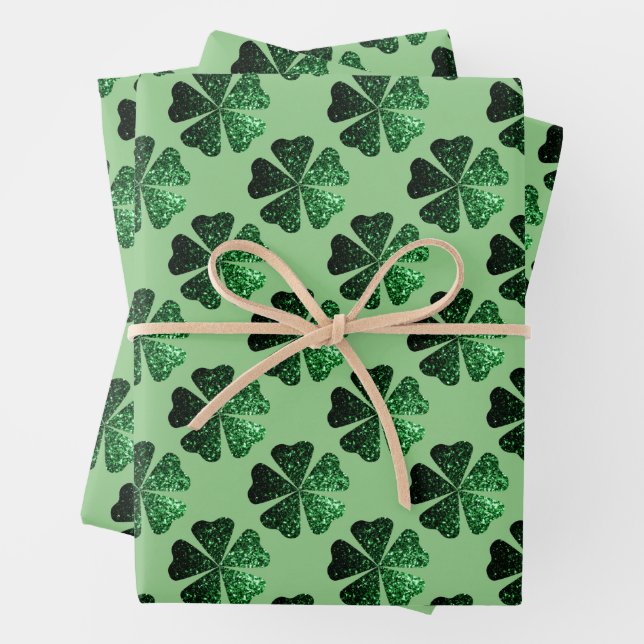 Dark Green sparkly Shamrock pattern on sage green Wrapping Paper Sheet (In situ)