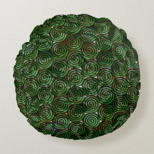 Dark green spirals transparent upon stained image round cushion