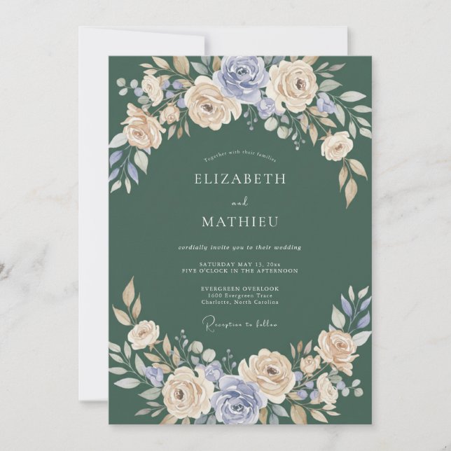 Dark Green Stately Floral Wedding Invitation (Front)