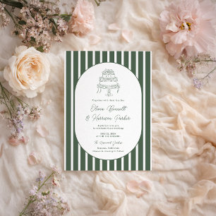Dark Green Striped Cabana Preppy Wedding Invitation