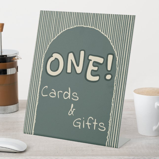 Dark Green Stripes 1st Birthday Cards & Gifts Pedestal Sign (In SItu)