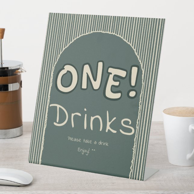 Dark Green Stripes 1st Birthday Drinks Pedestal Sign (In SItu)
