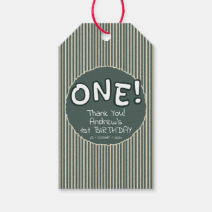 Dark Green Stripes 1st Birthday Gift Tags
