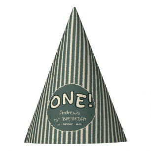 Dark Green Stripes 1st Birthday Party Hat