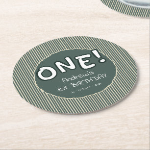 Dark Green Stripes 1st Birthday Round Paper Coaster