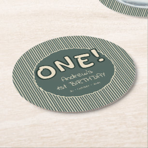 Dark Green Stripes 1st Birthday Round Paper Coaster