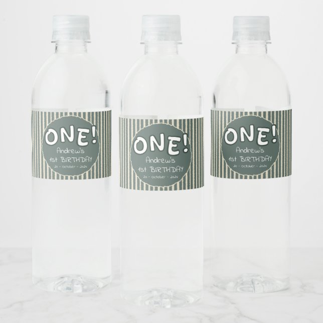 Dark Green Stripes 1st Birthday Water Bottle Label (Bottles)