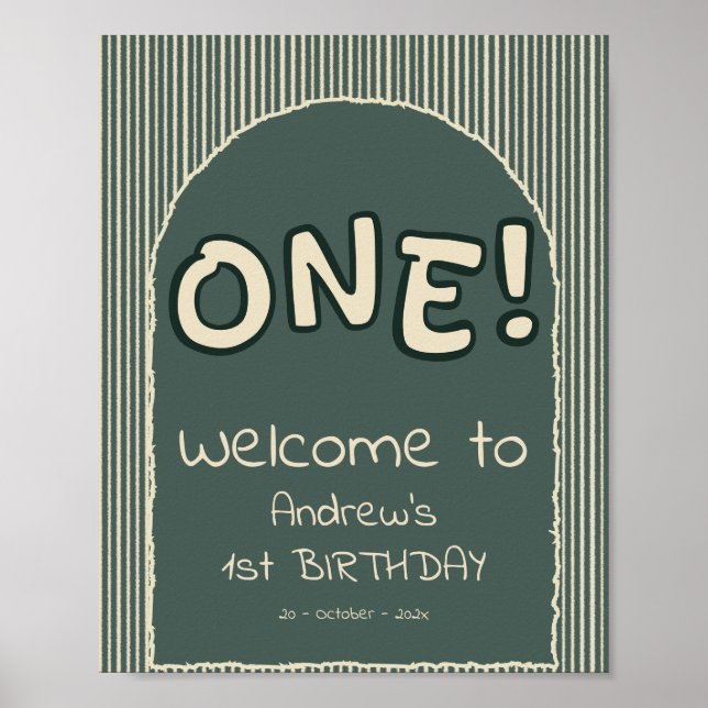 Dark Green Stripes 1st Birthday Welcome Sign (Front)