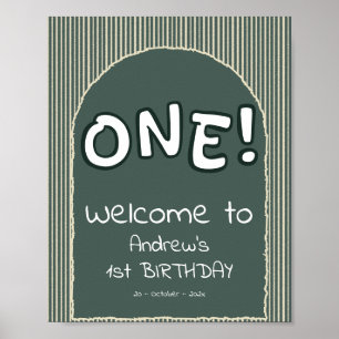 Dark Green Stripes 1st Birthday Welcome Sign