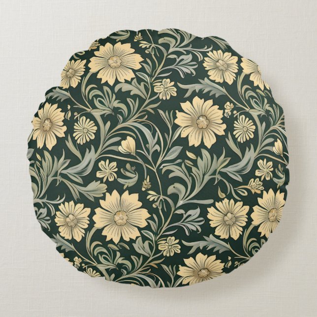 Dark green stylised yellow flowers  pattern  round cushion (Front)