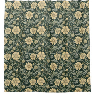 Dark green stylised yellow flowers  pattern  shower curtain