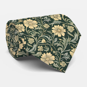 Dark green stylised yellow flowers  pattern  tie