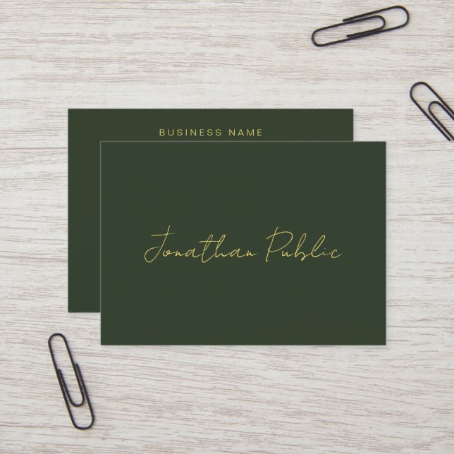 Dark Green Stylish Hand Script Gold Text Template Business Card (Front/Back In Situ)