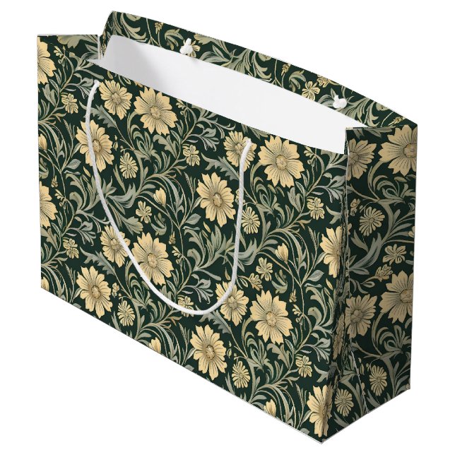 Dark green stylized yellow flowers  pattern  large gift bag (Back Angled)