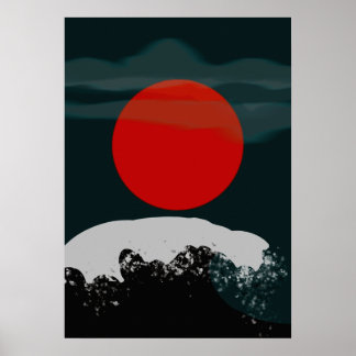 Dark green sunset with red sun poster