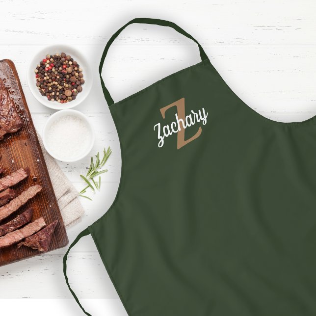 Dark Green Tan Monogram Personalised Apron (Creator Uploaded)