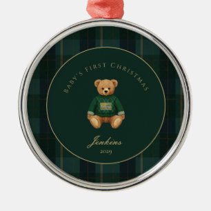 Dark Green Tartan Plaid Babys First Christmas  Metal Tree Decoration