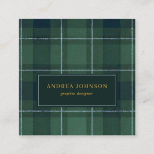 Dark Green Tartan Polo Plaid Check Vintage Square Business Card