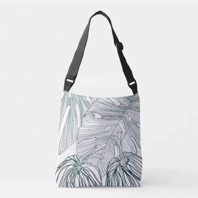 dark green & teal monstera leaves & lilies contour crossbody bag (Front)