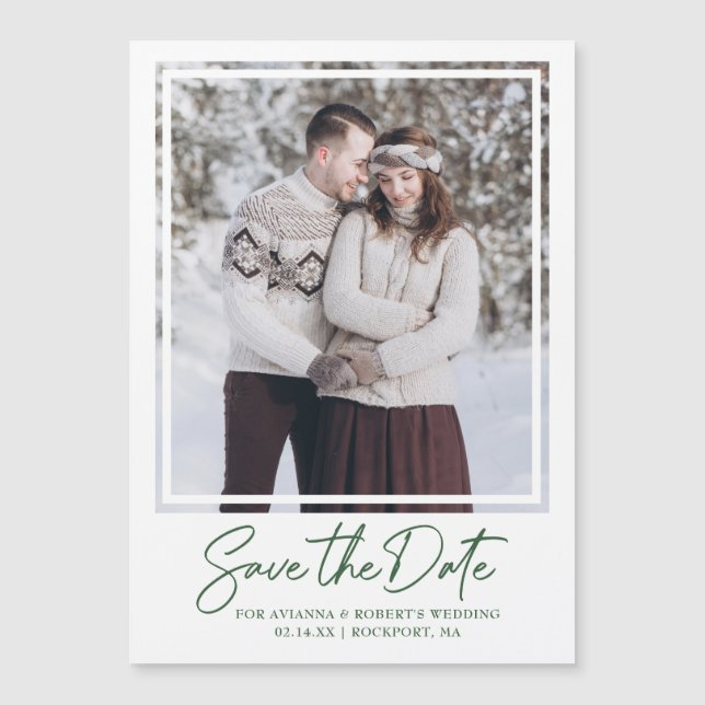 Dark Green Text and Photo Save the Date Magnetic Invitation (Front)