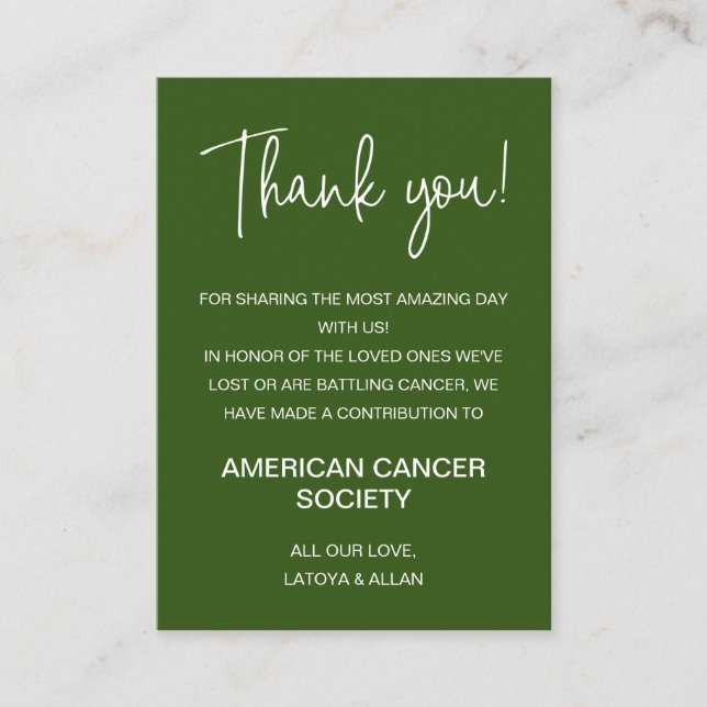Dark Green Thank You Donate To Charity Wedding Place Card (Front)