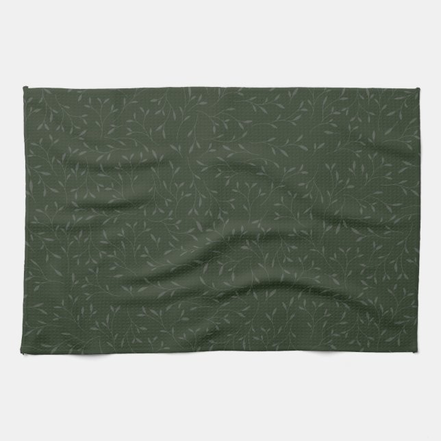 Dark Green Tone on Tone Botanical Vine Pattern Tea Towel (Horizontal)