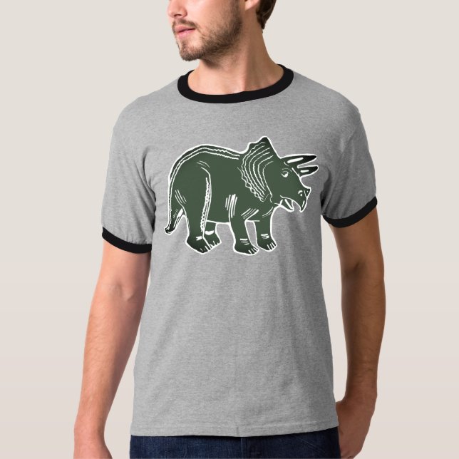 Dark Green Triceratops Men's Ringer T-Shirt (Front)