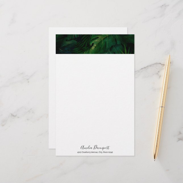 Dark Green Tropical Leaves Border Stationery (Front/Back In Situ)