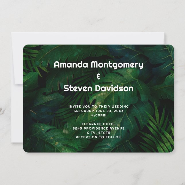 Dark Green Tropical Leaves Pattern Wedding Invitation (Front)