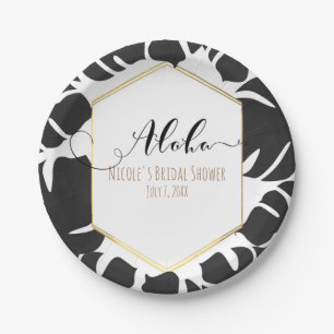 Dark Green Tropical Leaves White & Gold Wedding Paper Plate