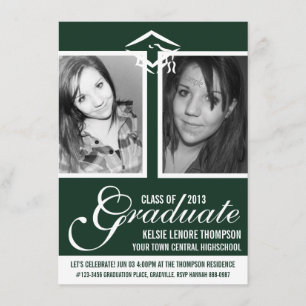 Dark Green Two Photo Graduate Cap and Script Invitation