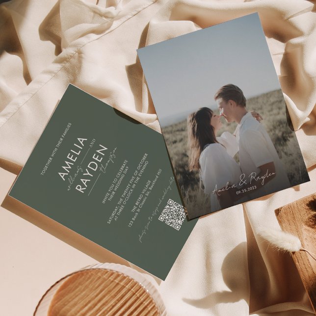 Dark Green Typography Script Photo QR Code Wedding Invitation (Creator Uploaded)
