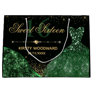 Dark Green Watercolor Dress & Glam Wave Sweet 16 Large Gift Bag