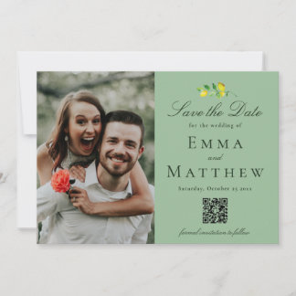 Dark Green Watercolor Minimal Lemon - QR & Photo Save The Date