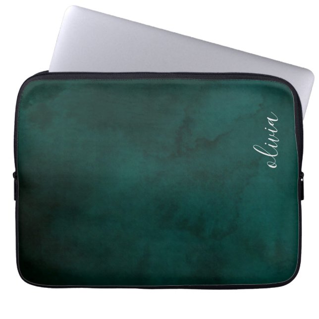 Dark Green Watercolor Monogram Laptop Sleeve  (Front)